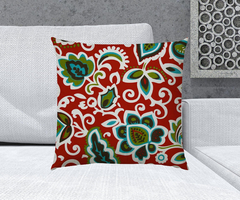 20" X 20" Read And Green Blown Seam Damask Throw Indoor Outdoor Pillow - Homeroots