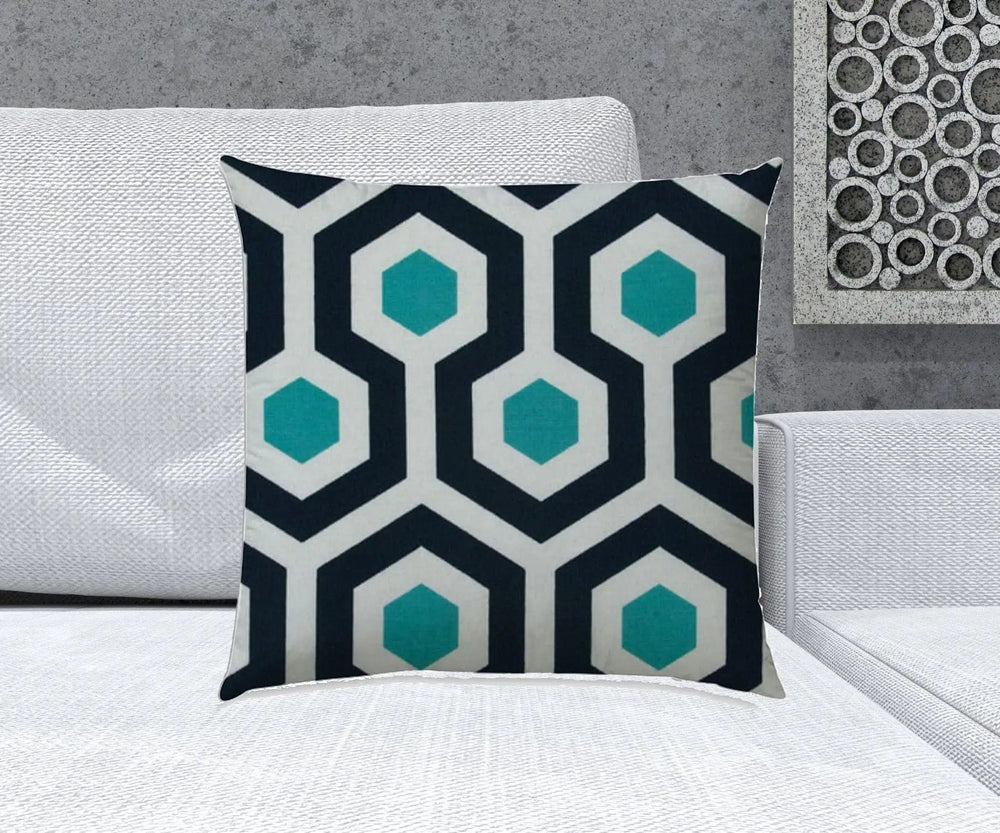 20" X 20" White And Aqua Blown Seam Trellis Throw Indoor Outdoor Pillow - Homeroots