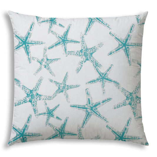 20" X 20" Turquoise And White Starfish Blown Seam Coastal Throw Indoor Outdoor Pillow - Homeroots