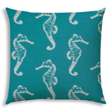 20" X 20" Turquoise And White Seahorse Blown Seam Coastal Throw Indoor Outdoor Pillow - Homeroots - Flyclothing LLC