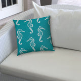 20" X 20" Turquoise And White Seahorse Blown Seam Coastal Throw Indoor Outdoor Pillow - Homeroots - Flyclothing LLC