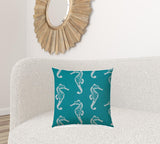 20" X 20" Turquoise And White Seahorse Blown Seam Coastal Throw Indoor Outdoor Pillow - Homeroots - Flyclothing LLC