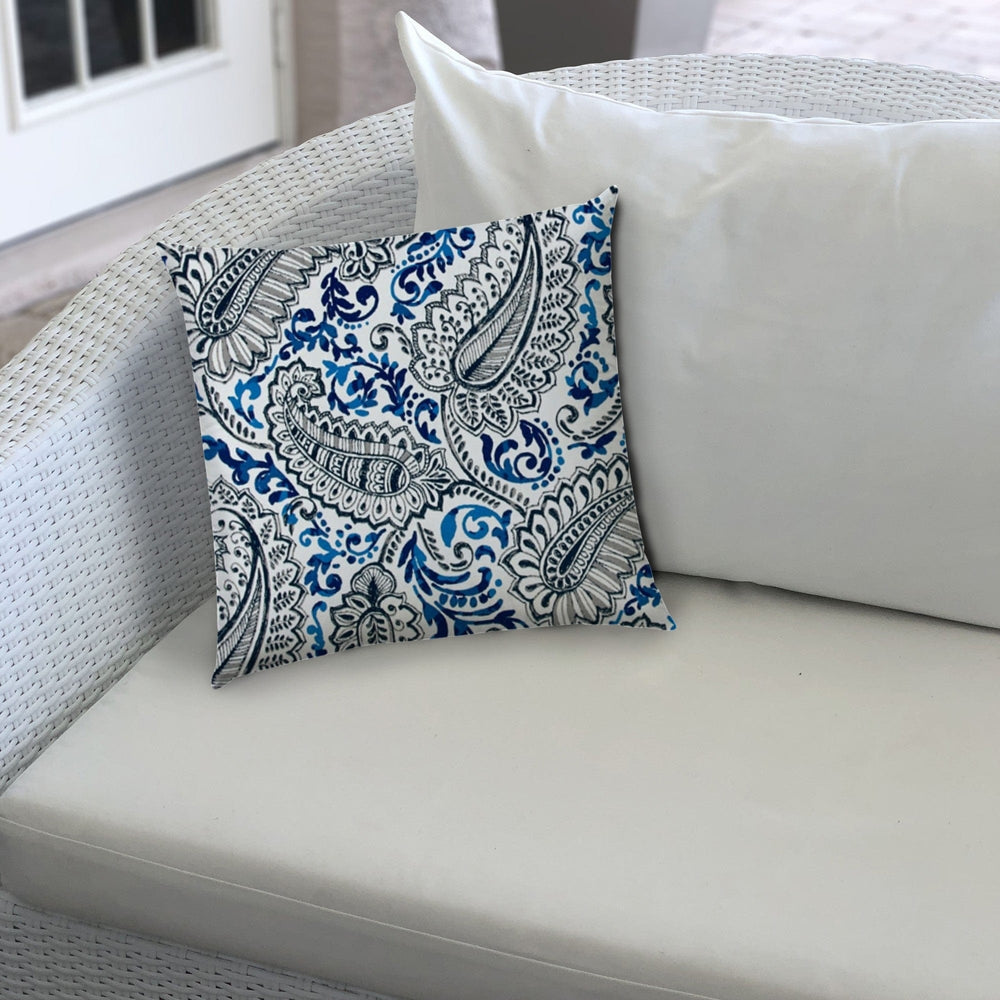 20" X 20" White And Blue Blown Seam Paisley Throw Indoor Outdoor Pillow - Homeroots - Flyclothing LLC