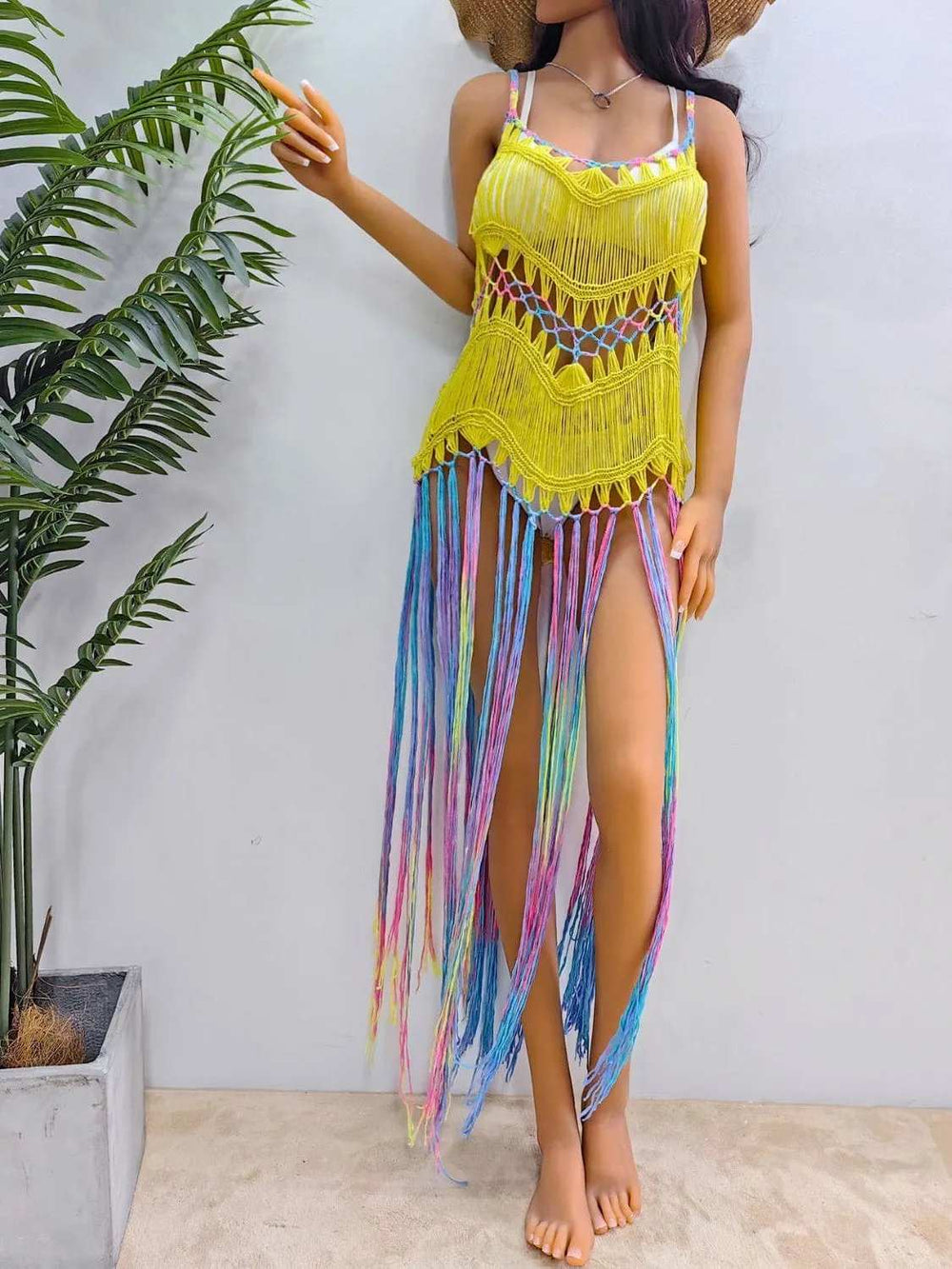 Fringe Scoop Neck Spaghetti Strap Cover-Up - Trendsi - Flyclothing LLC