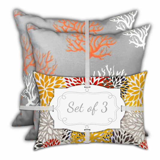 Set Of Three 18" X 18" Gray And White Corals Blown Seam Nautical Throw Indoor Outdoor Pillow - Homeroots
