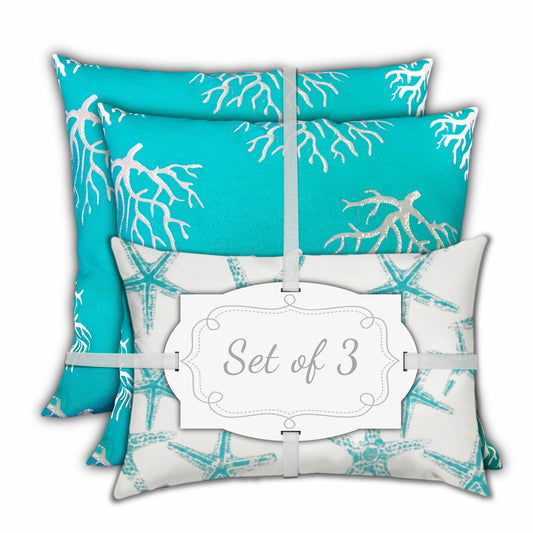 Set Of Three 18" X 18" Ocean Blue And White Corals Blown Seam Coastal Throw Indoor Outdoor Pillow - Homeroots