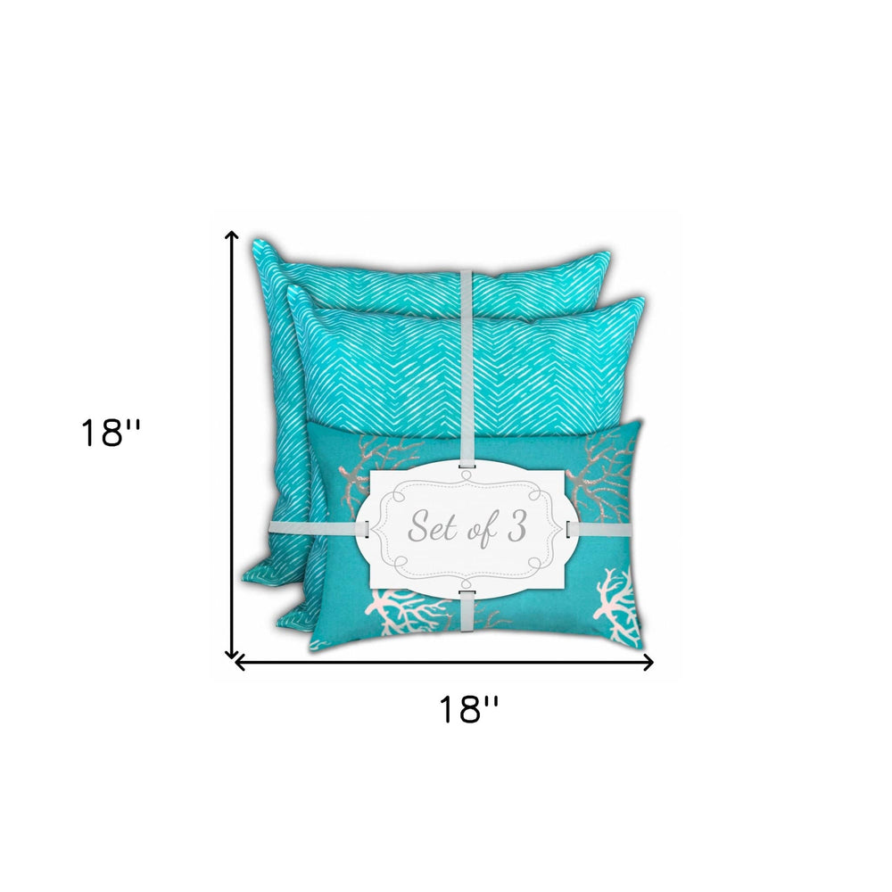 Set Of Three 18" X 18" Ocean Blue And White Corals Blown Seam Coastal Throw Indoor Outdoor Pillow - Homeroots