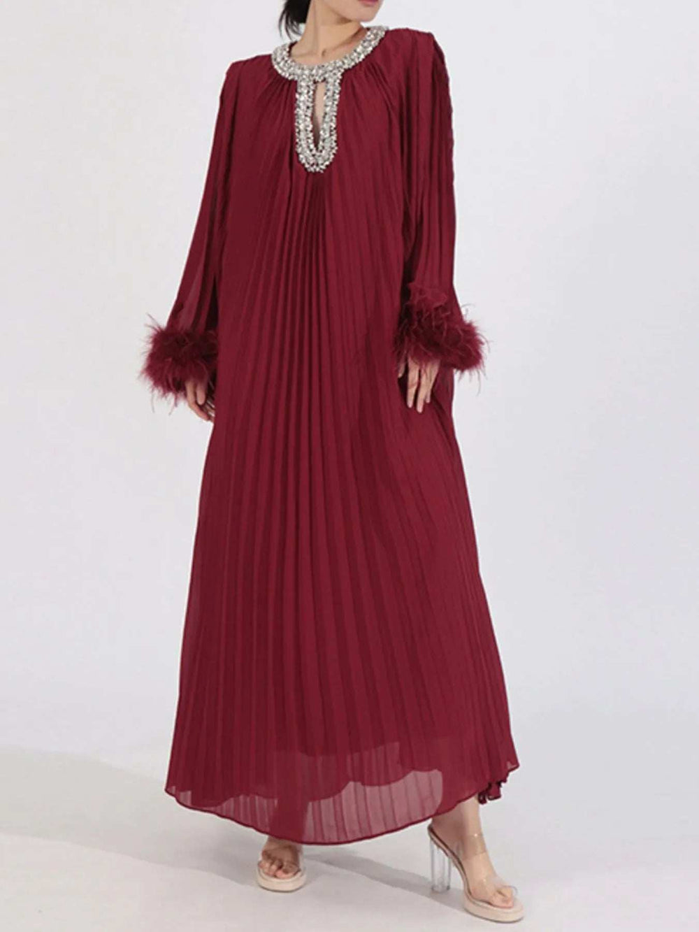 Rhinestone Long Sleeve Maxi Dress - Trendsi - Flyclothing LLC