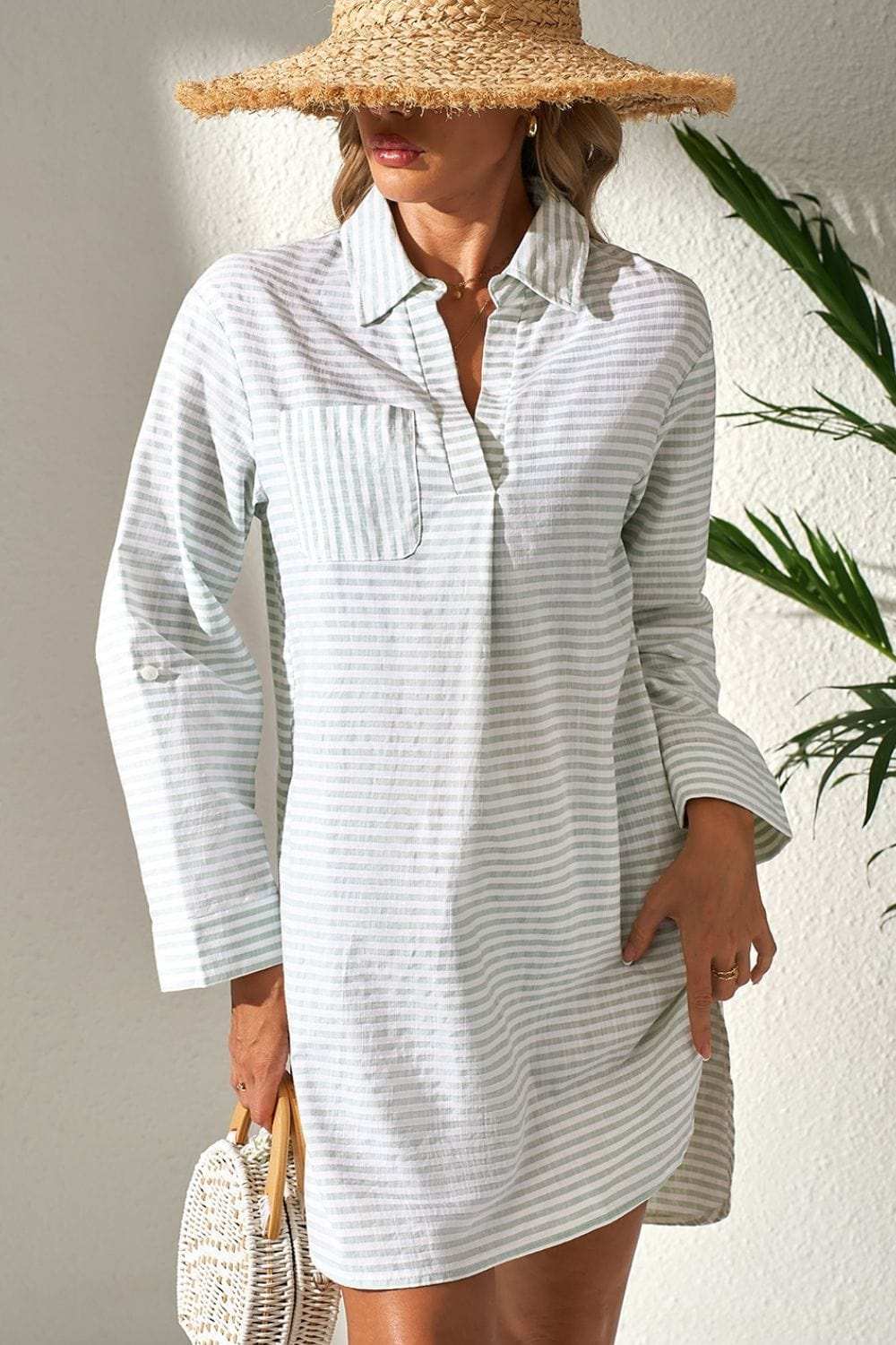 Striped Johnny Collar Long Sleeve Mini Shirt Dress - Trendsi - Flyclothing LLC