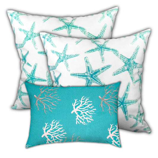 18" X 18" Ocean Blue And White Starfish Zippered Coastal Throw Indoor Outdoor Pillow - Homeroots