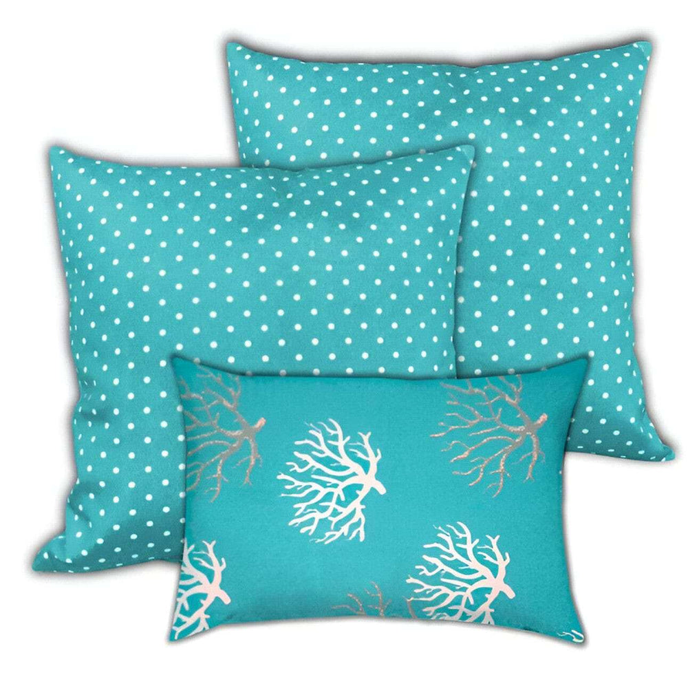 Set of Three Aqua and White Coral Polka Dot Indoor Outdoor Throw Pillow - Homeroots - Flyclothing LLC
