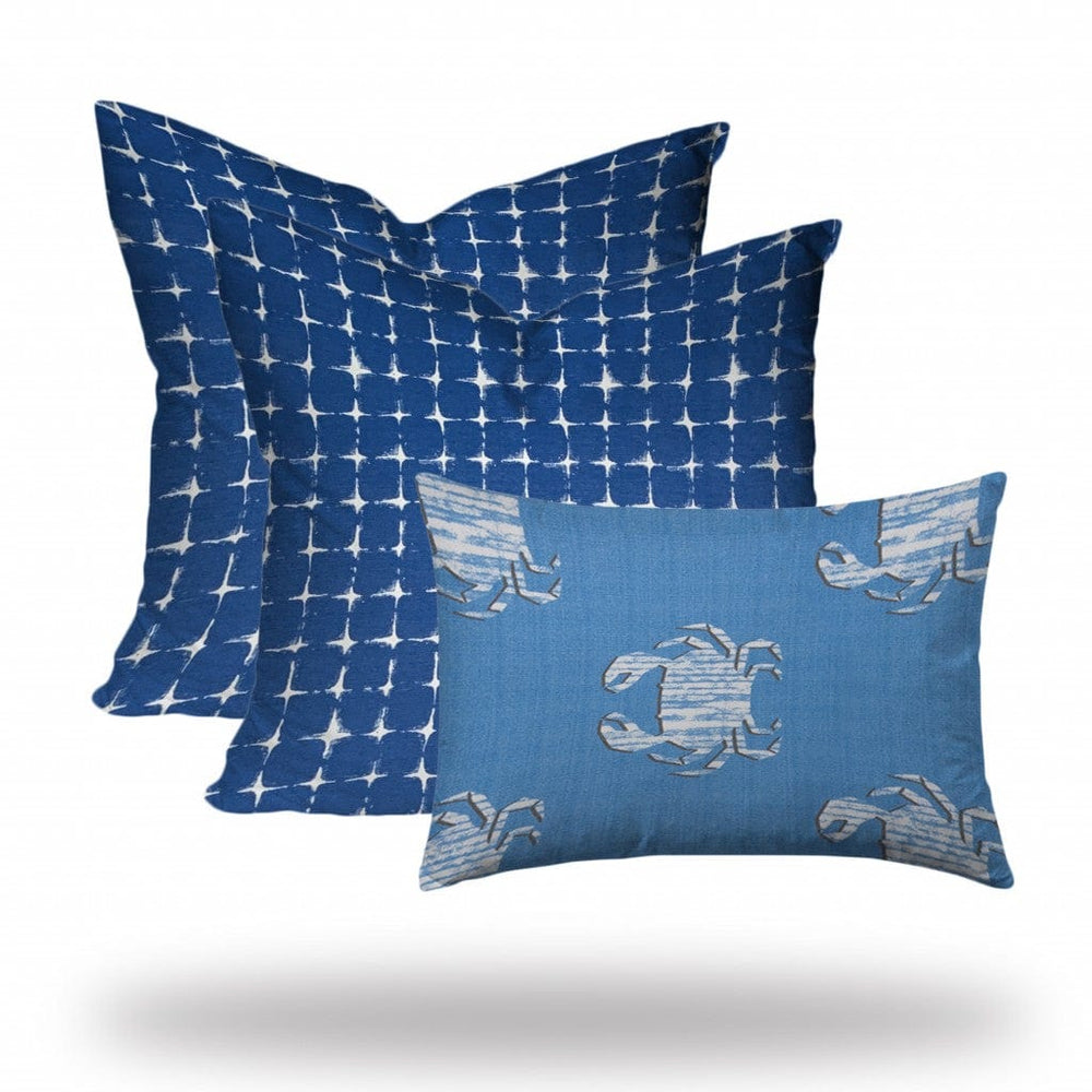 Set Of Three 20" X 20" Blue And White Crab Blown Seam Coastal Throw Indoor Outdoor Pillow - Homeroots - Flyclothing LLC