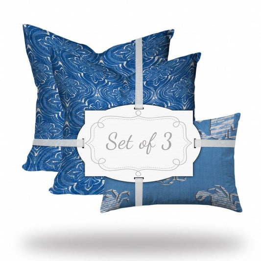 Set Of Three 20" X 20" Blue And White Enveloped Coastal Throw Indoor Outdoor Pillow - Homeroots