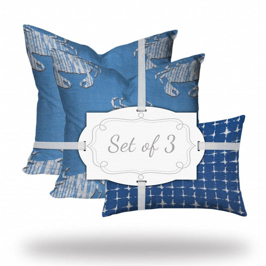 Set Of Three 20" X 20" Blue And White Crab Enveloped Coastal Throw Indoor Outdoor Pillow - Homeroots