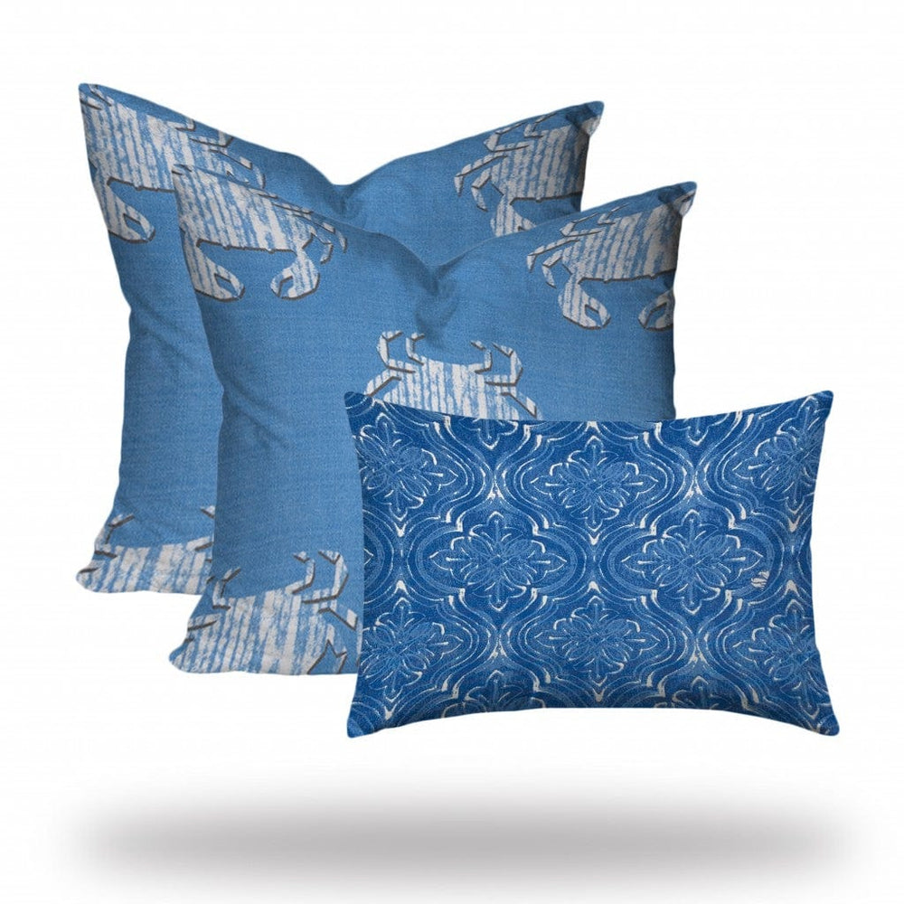 Set Of Three 20" X 20" Blue And White Crab Blown Seam Coastal Throw Indoor Outdoor Pillow - Homeroots - Flyclothing LLC