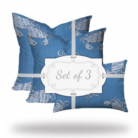 Set Of Three 20" X 20" Blue And White Crab Blown Seam Coastal Throw Indoor Outdoor Pillow - Homeroots
