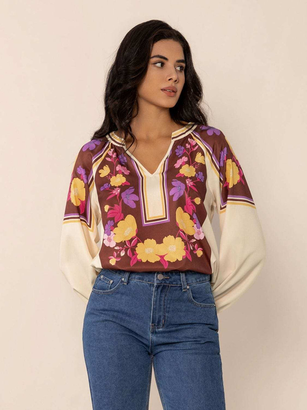 Printed Notched Long Sleeve Blouse - Trendsi - Flyclothing LLC