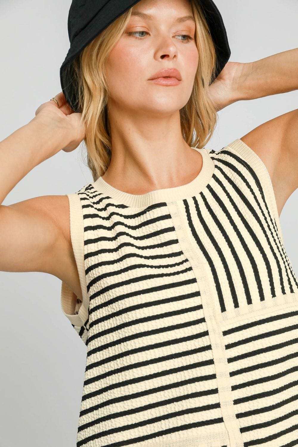 Umgee Round Neck Texture Striped Tank - Trendsi - Flyclothing LLC