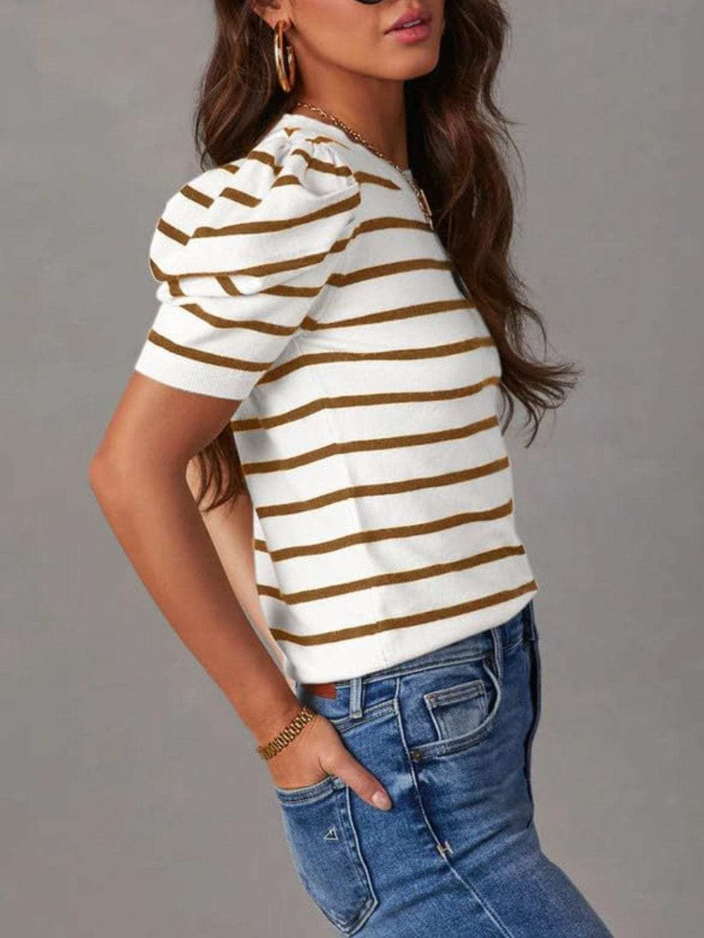 Striped Round Neck Puff Sleeve Knit Top - Trendsi - Flyclothing LLC