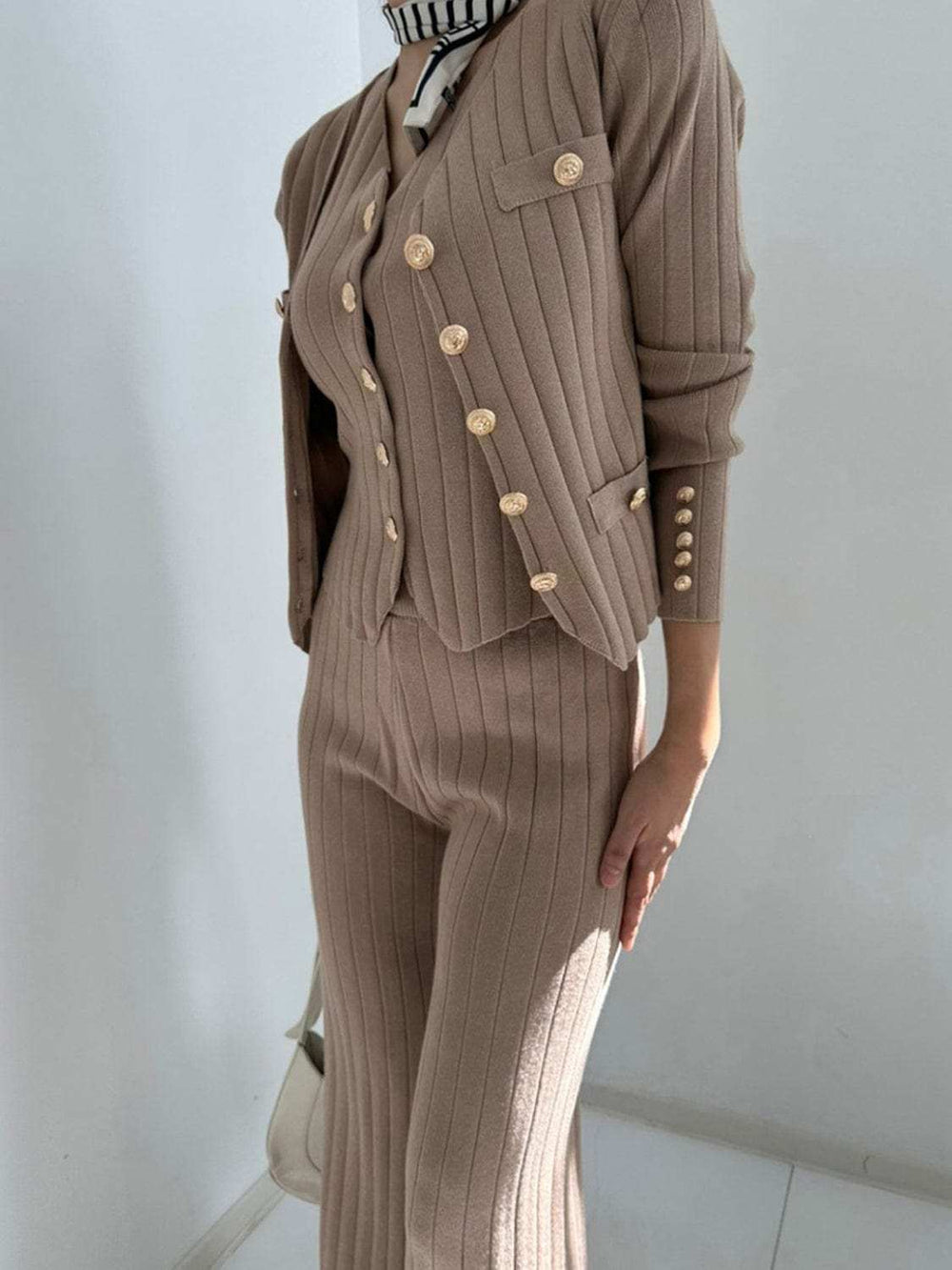 V-Neck Tank, Cardigan and Pants Three-Piece Sweater Set - Trendsi - Flyclothing LLC