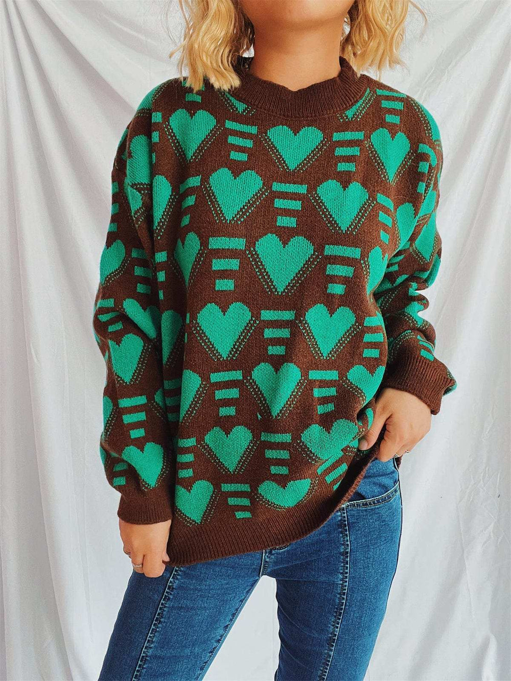 Heart Contrast Long Sleeve Dropped Shoulder Sweater - Trendsi - Flyclothing LLC