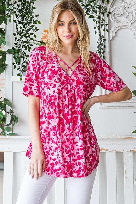 Heimish Full Size Short Sleeve Crisscross Animal Babydoll Top Plus Size - Trendsi - Flyclothing LLC