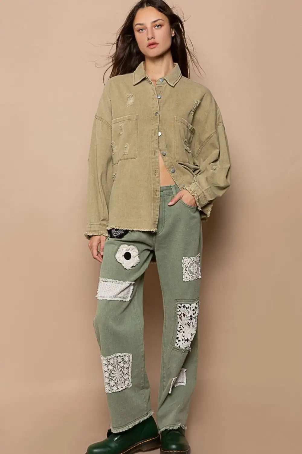 POL Button Down Raw Hem Distressed Shacket - Trendsi - Flyclothing LLC