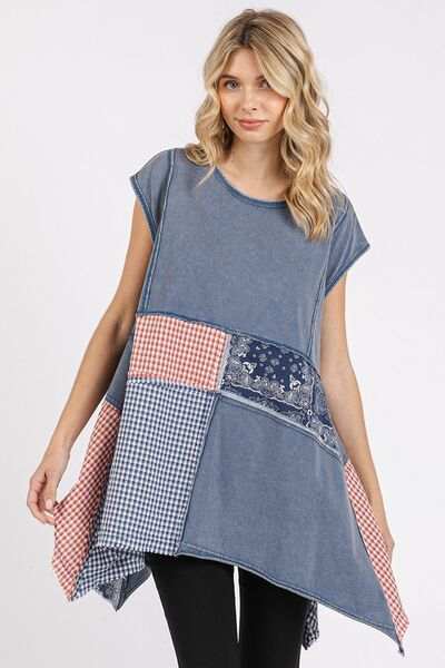 Mittoshop Patchwork Mineral Washed Round Neck Cap Sleeve Top - Trendsi - Flyclothing LLC