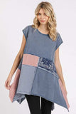 Mittoshop Patchwork Mineral Washed Round Neck Cap Sleeve Top - Trendsi - Flyclothing LLC