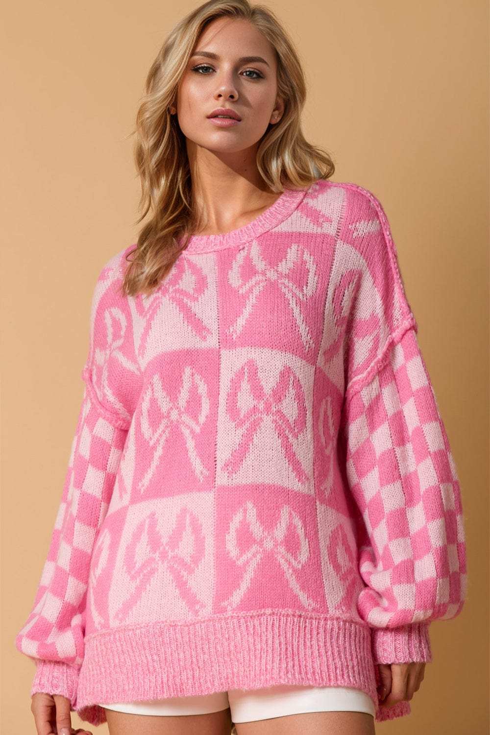 Double Take Full Size Checkered Bow Contrast Long Sleeve Sweater - Trendsi - Flyclothing LLC