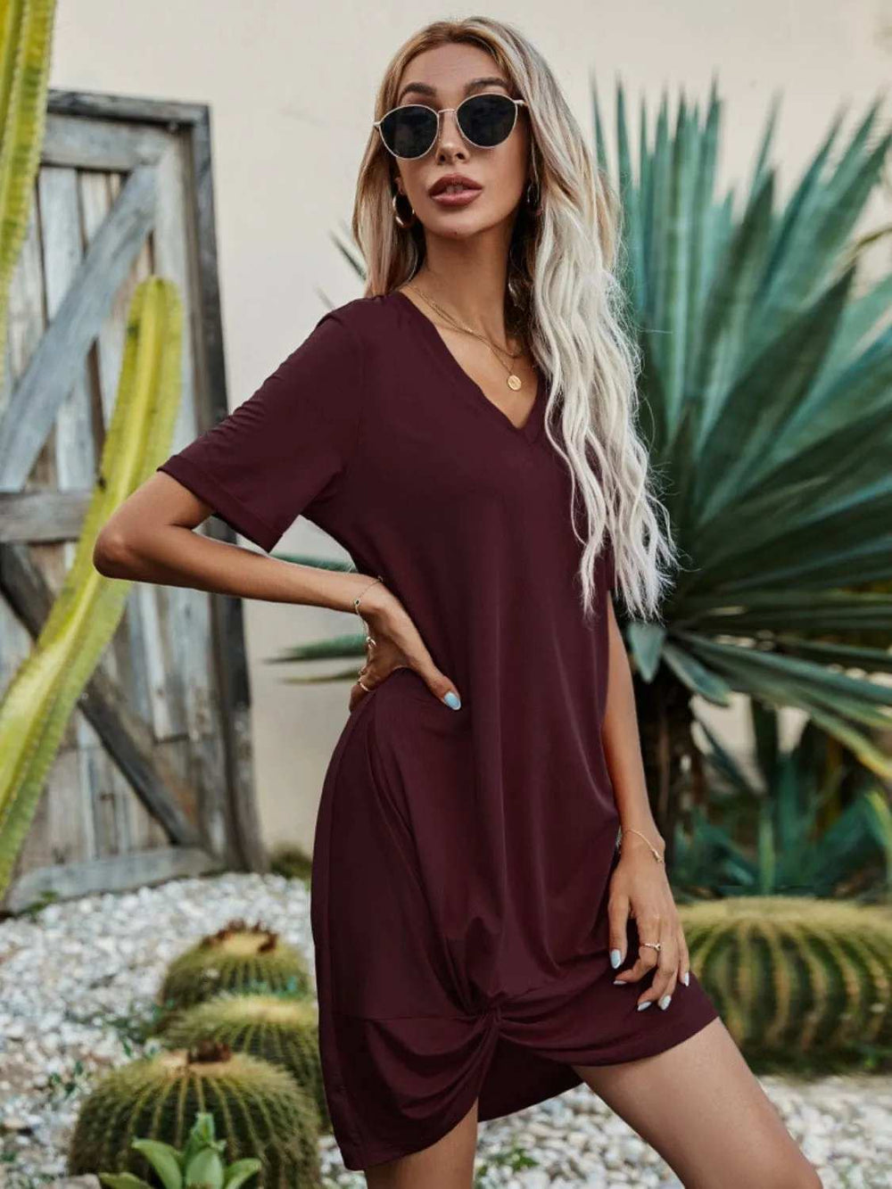 V-Neck Short Sleeve Mini Dress - Trendsi - Flyclothing LLC