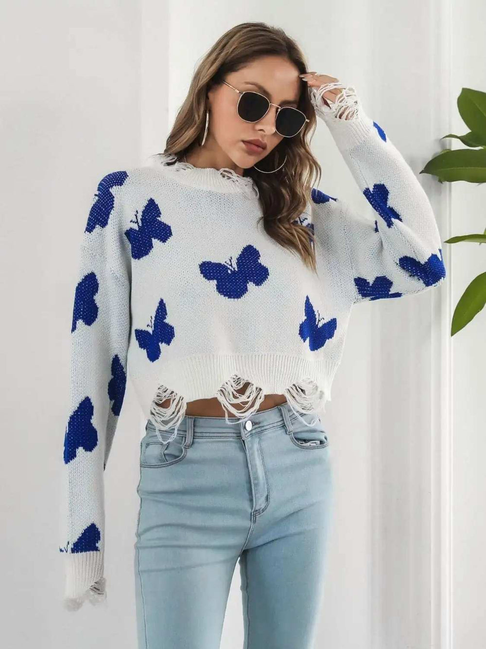 Distressed Butterfly Cropped Sweater - Trendsi - Flyclothing LLC