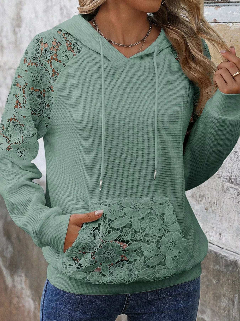 Lace Detail Drawstring Long Sleeve Hoodie - Trendsi - Flyclothing LLC