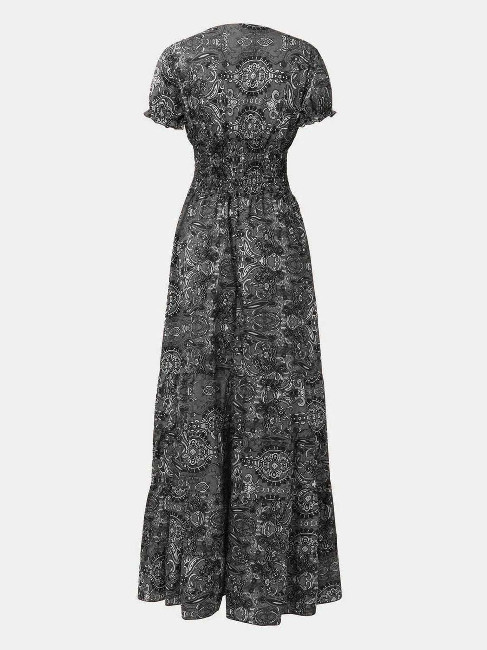 Full Size Smocked Printed V-Neck Short Sleeve Dress - Trendsi - Flyclothing LLC