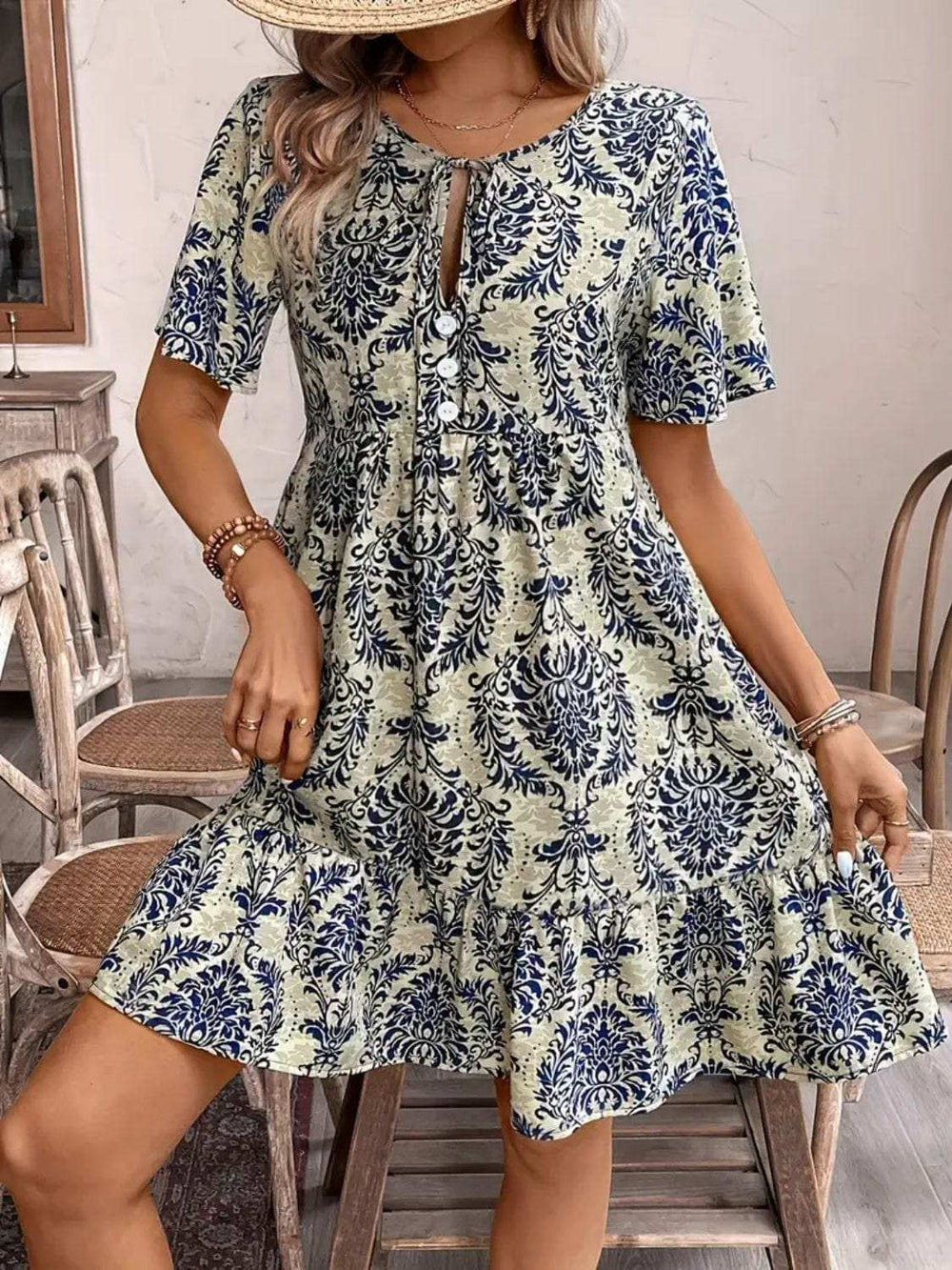Printed Tie Neck Short Sleeve Dress - Trendsi - Flyclothing LLC