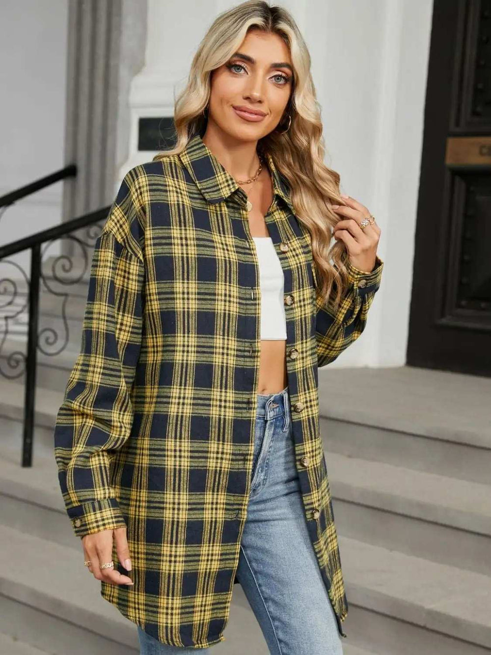 Plaid Collared Neck Long Sleeve Shirt - Trendsi - Flyclothing LLC