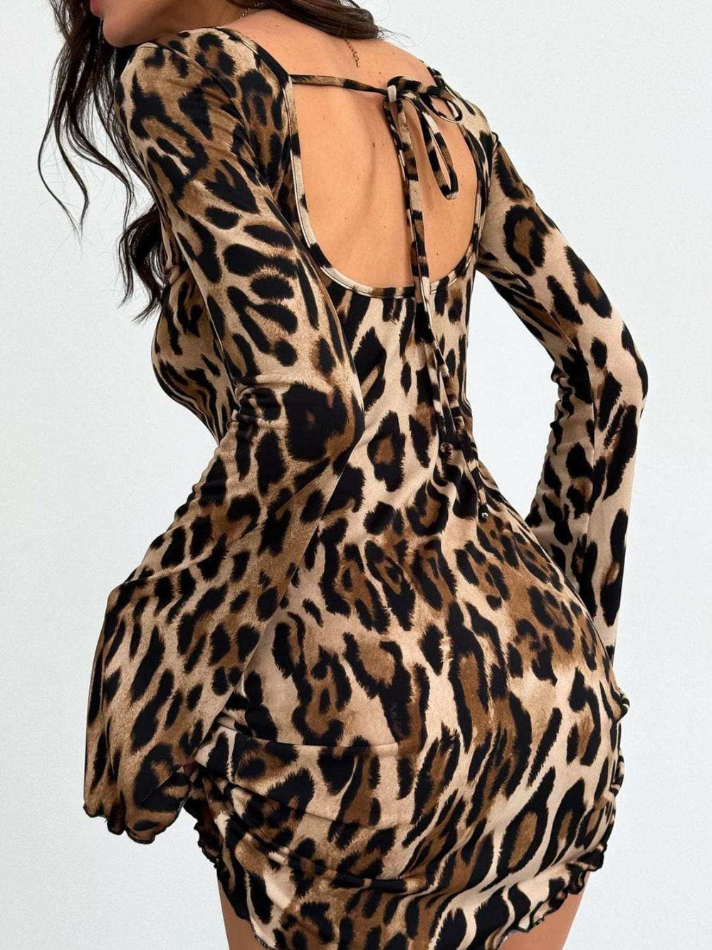Leopard Backless Long Sleeve Mini Dress - Trendsi - Flyclothing LLC