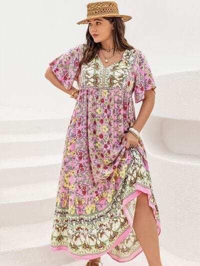 Plus Size Floral Tie Neck Flutter Sleeve Maxi Dress - Trendsi - Flyclothing LLC