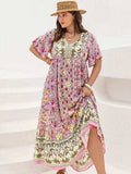 Plus Size Floral Tie Neck Flutter Sleeve Maxi Dress - Trendsi - Flyclothing LLC