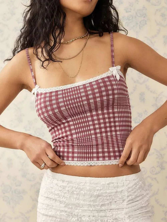 Lace Detail Plaid Square Neck Cami - Trendsi - Flyclothing LLC