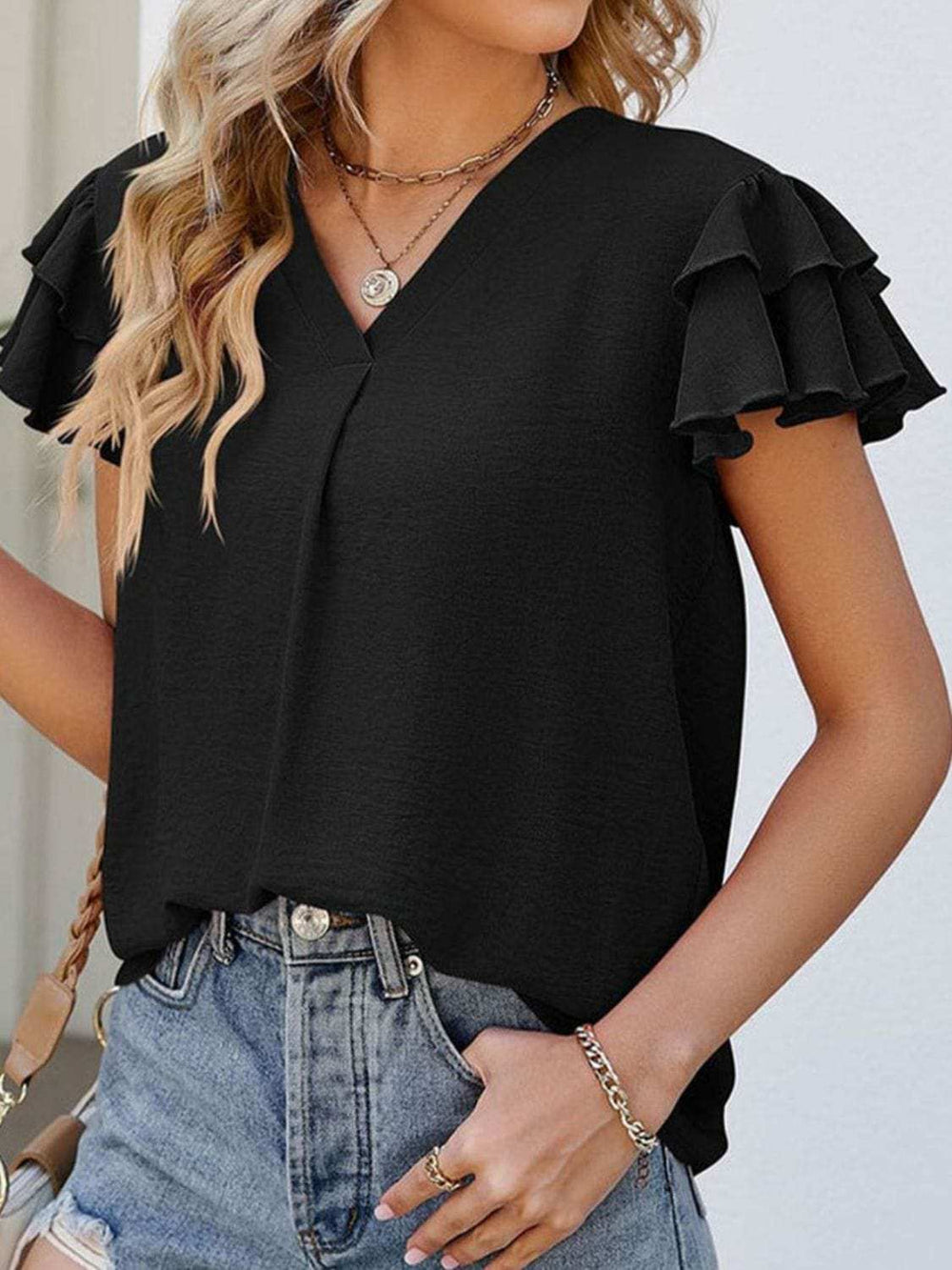 Ruffled V-Neck Cap Sleeve Blouse - Trendsi - Flyclothing LLC