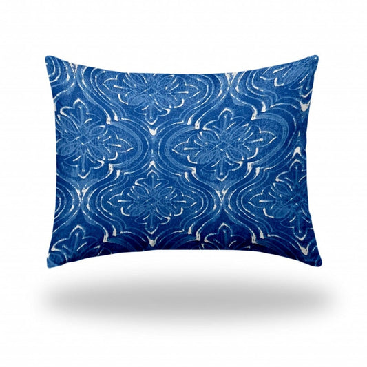 12" X 16" Blue And White Zippered Ikat Lumbar Indoor Outdoor Pillow - Homeroots