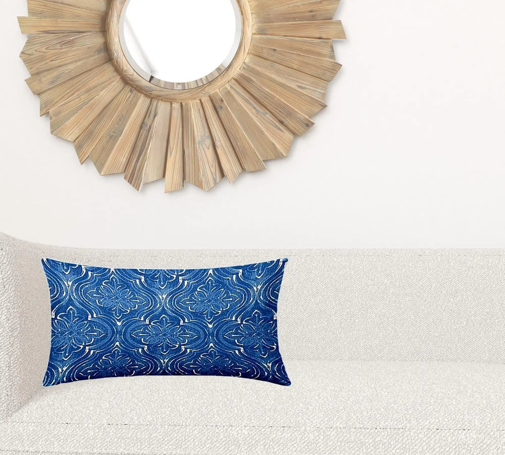 14" X 24" Blue And White Enveloped Ikat Lumbar Indoor Outdoor Pillow - Homeroots - Flyclothing LLC