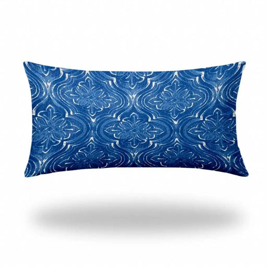 14" X 24" Blue And White Blown Seam Ikat Lumbar Indoor Outdoor Pillow - Homeroots