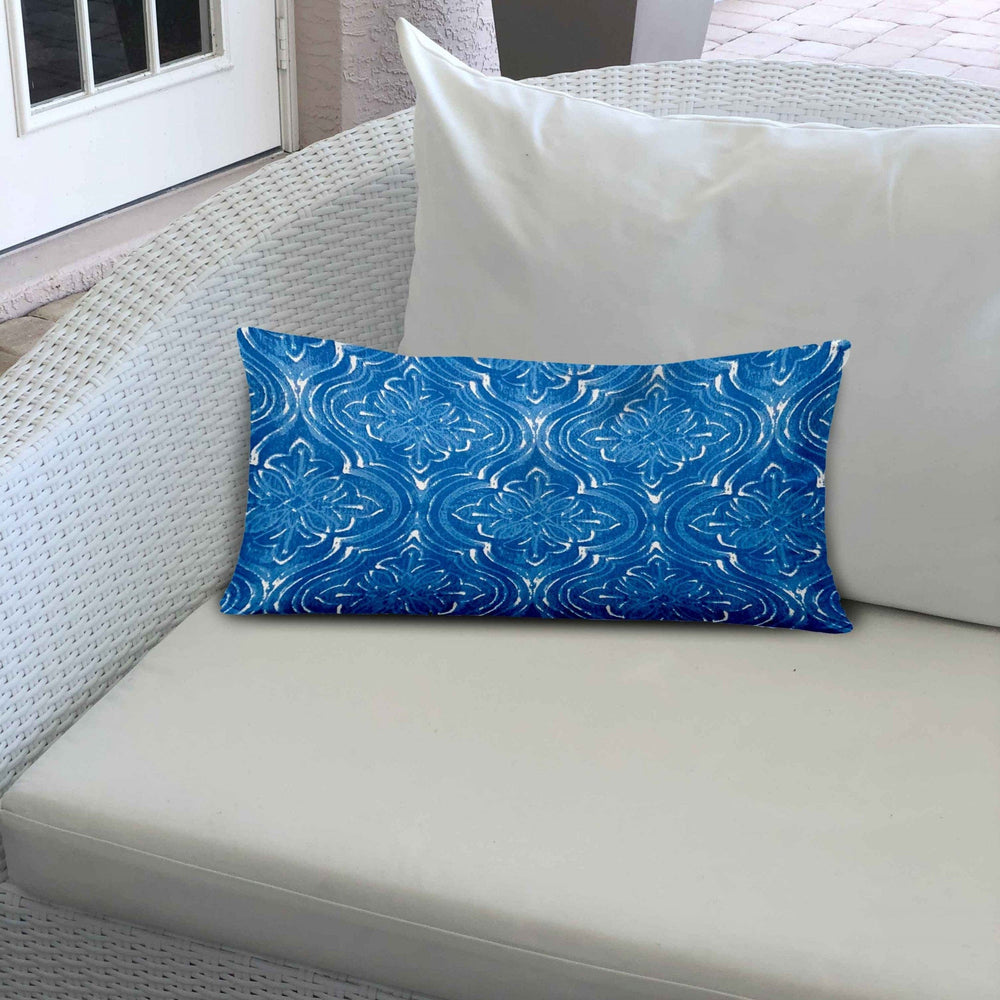 14" X 24" Blue And White Zippered Ikat Lumbar Indoor Outdoor Pillow - Homeroots - Flyclothing LLC