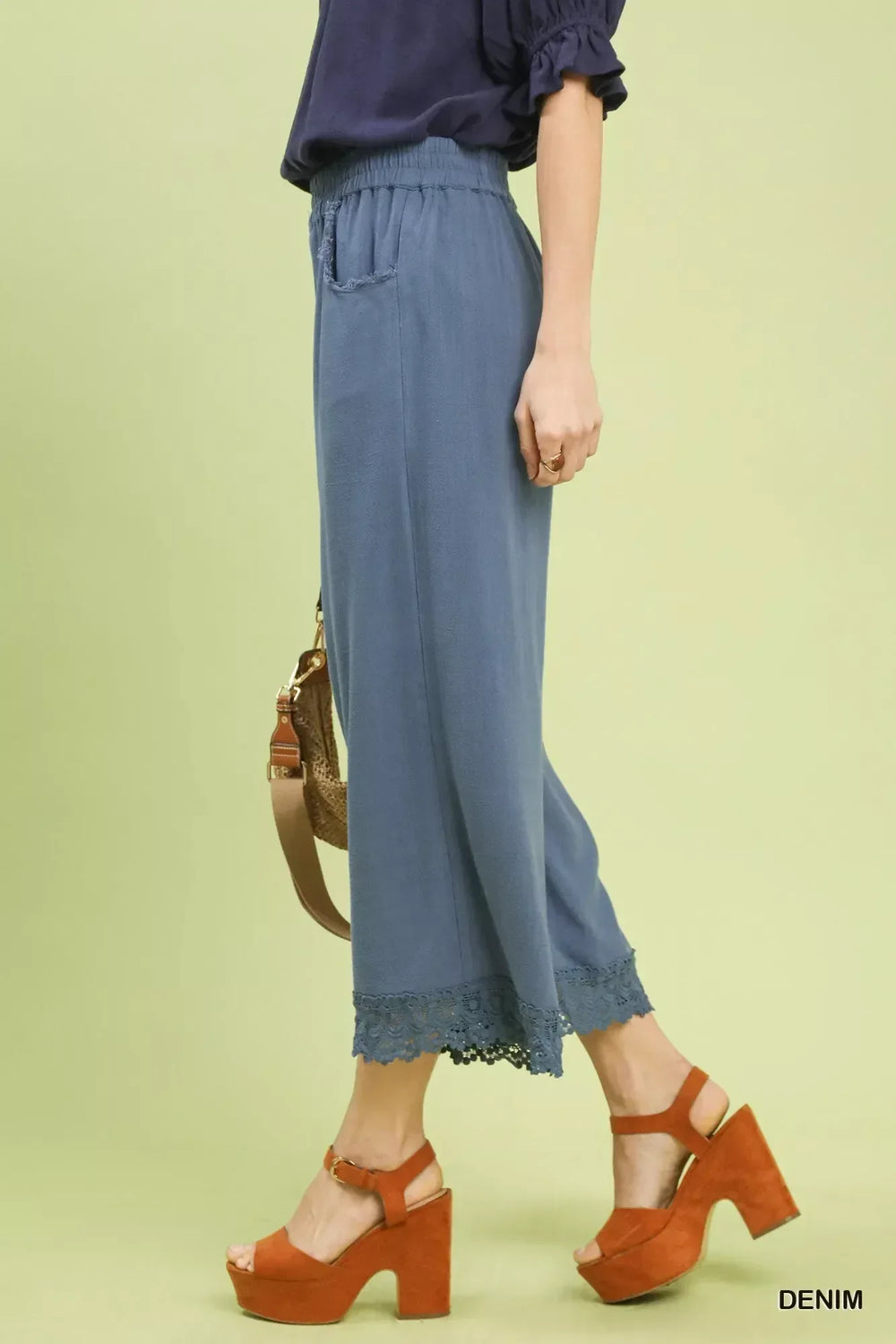 Umgee Linen Wide Leg Cropped Pants with Lace Trim - Trendsi - Flyclothing LLC