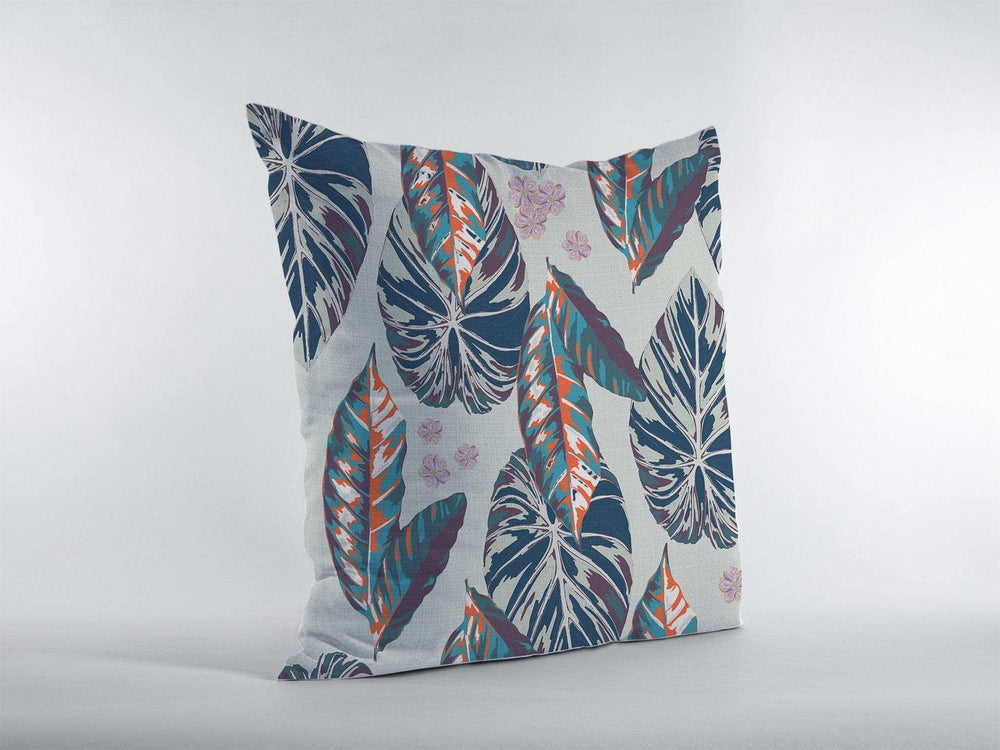 16” Blue Gray Tropical Leaf Zippered Suede Throw Pillow - Homeroots - Flyclothing LLC