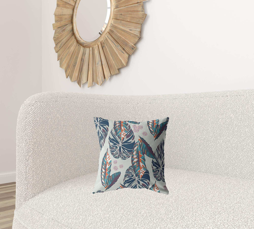 16” Blue Gray Tropical Leaf Zippered Suede Throw Pillow - Homeroots - Flyclothing LLC