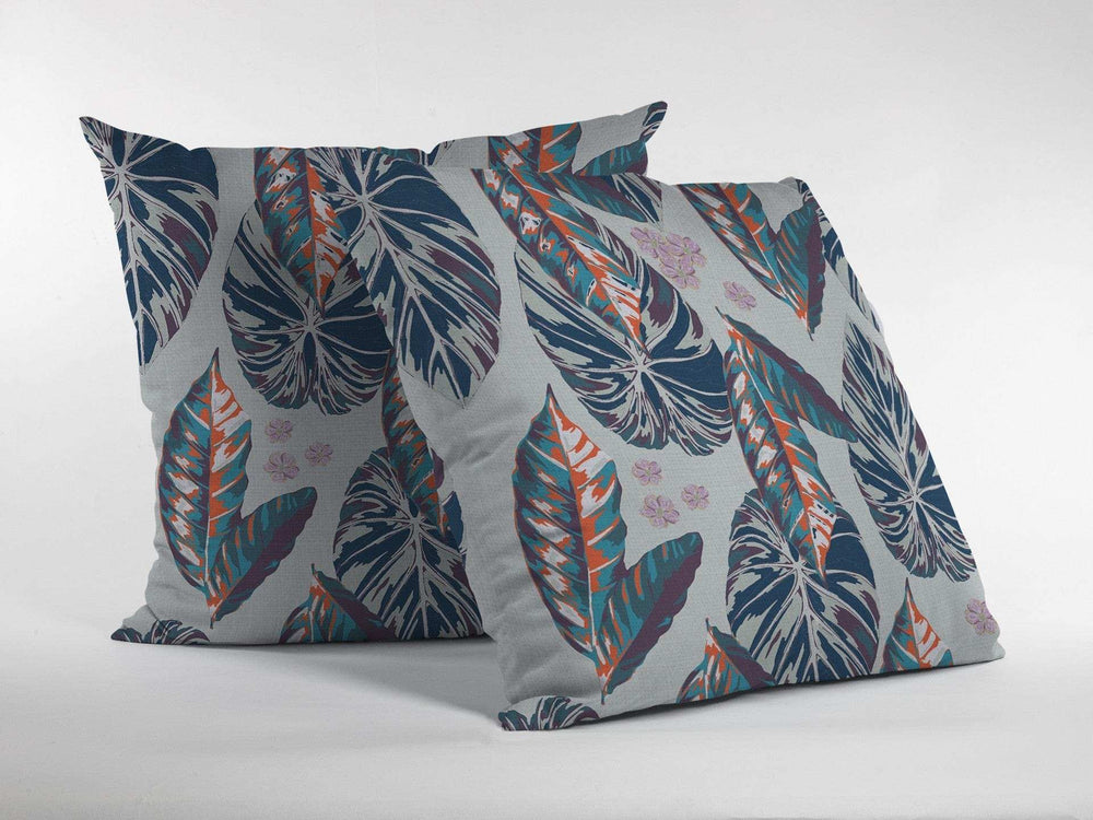 18” Blue Gray Tropical Leaf Zippered Suede Throw Pillow - Homeroots - Flyclothing LLC