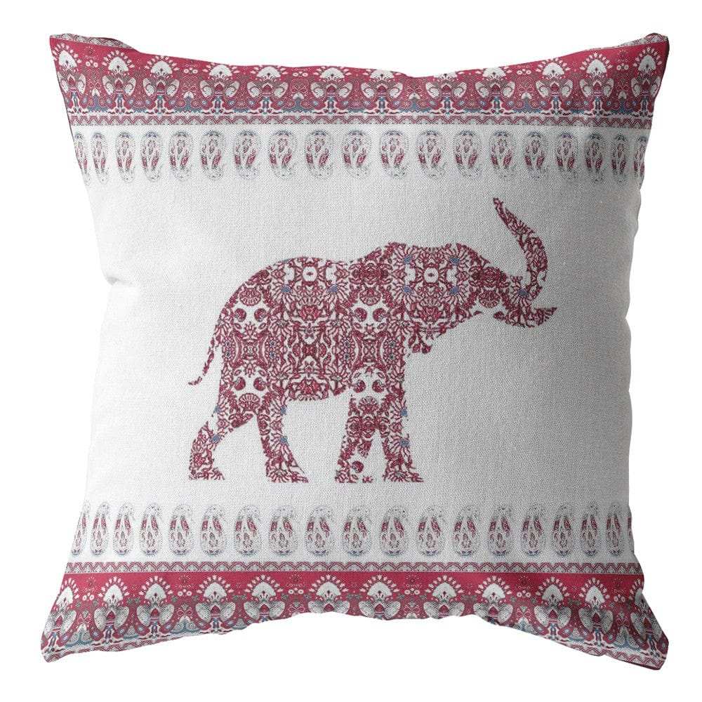 16” Red White Ornate Elephant Zippered Suede Throw Pillow - Homeroots - Flyclothing LLC